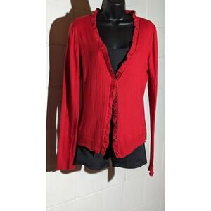 New York & Company Red Ruffle Trim Cardigan Sweater Long Sleeve Knit Top Medium